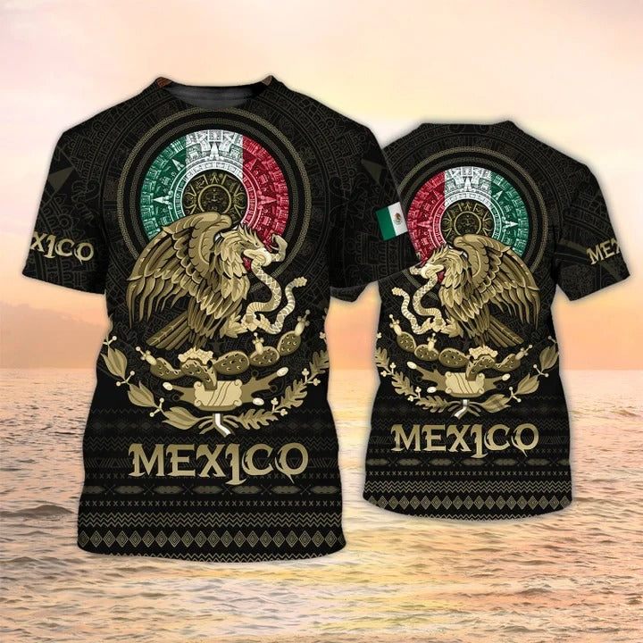 Mexico Coat Of Arm 3D Print Shirt, Mexico Azteca Pattern Tshirt TO2628