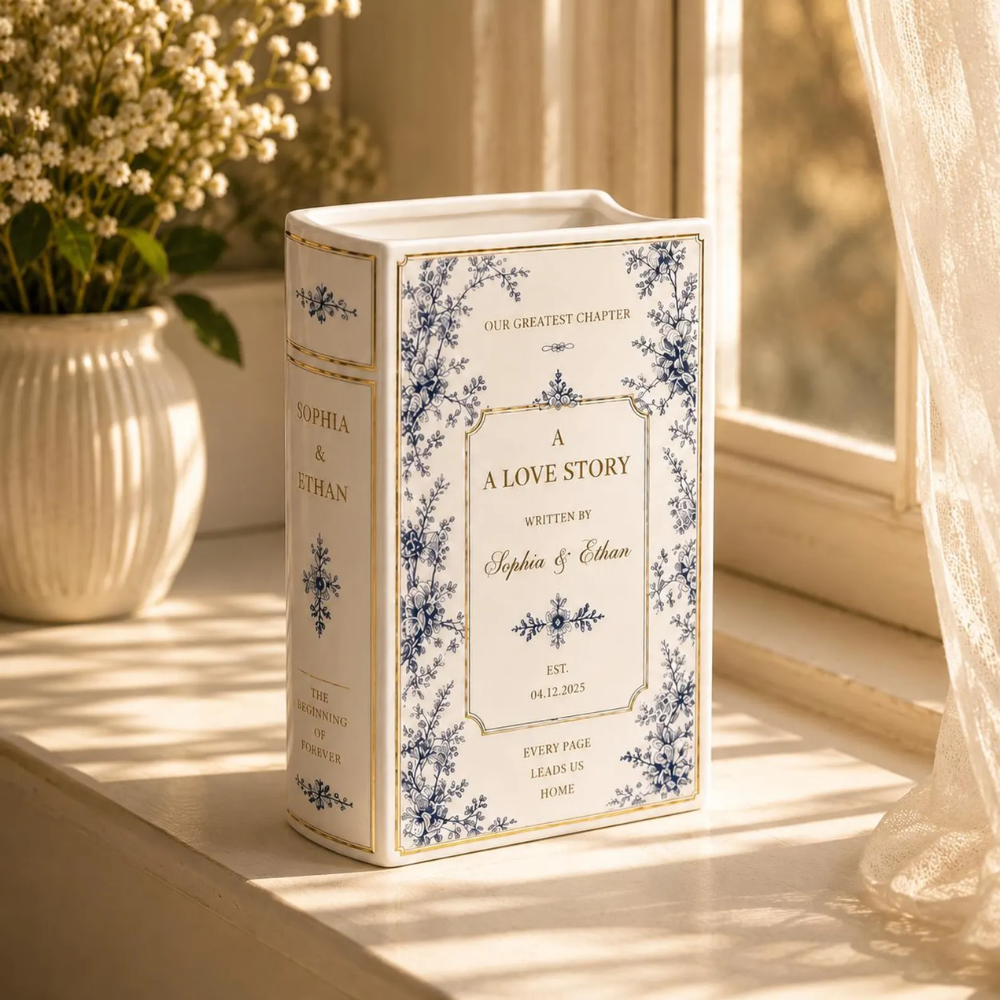 Custom Couple Name Toile De Jouy Ceramic Book Vase For Wedding Engagement, Custom Wedding Book Vase WD0565