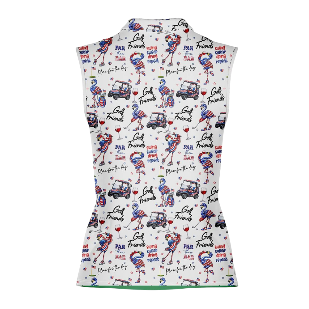 Flamingo American Flag Women's Sleeveless Golf Shirt, Flamingo 4th Of July Golf Shirts GE0518