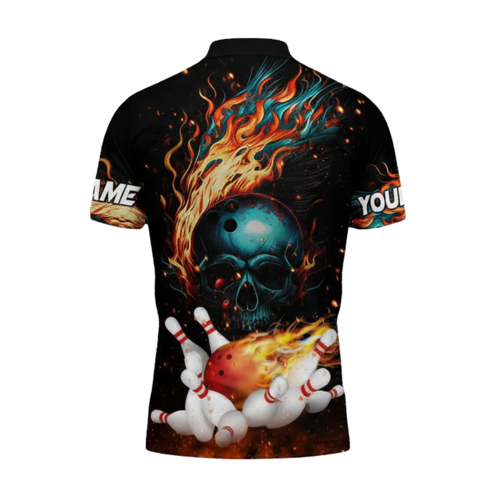 Custom Flaming Skull Bowling Polo Shirt For Men, Custom Skull Flame Bowling Team Shirts BZ0465