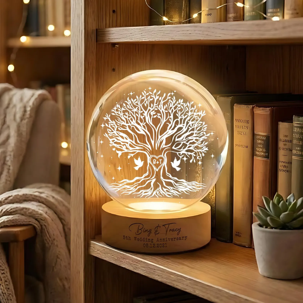 5th Wedding Anniversary Custom Couple Name Tree Crystal Ball Led Night Light, Custom 5 Years Anniversary Night Light WD0828