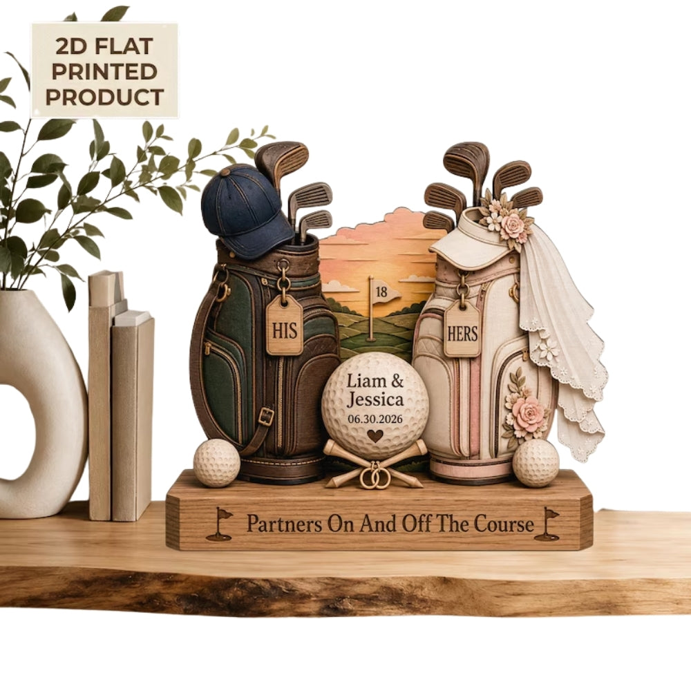 Custom Golf Couple Wedding Wooden Block Partners On And Off The Course, Custom Golf Wedding Keepsake Plaque WD0786