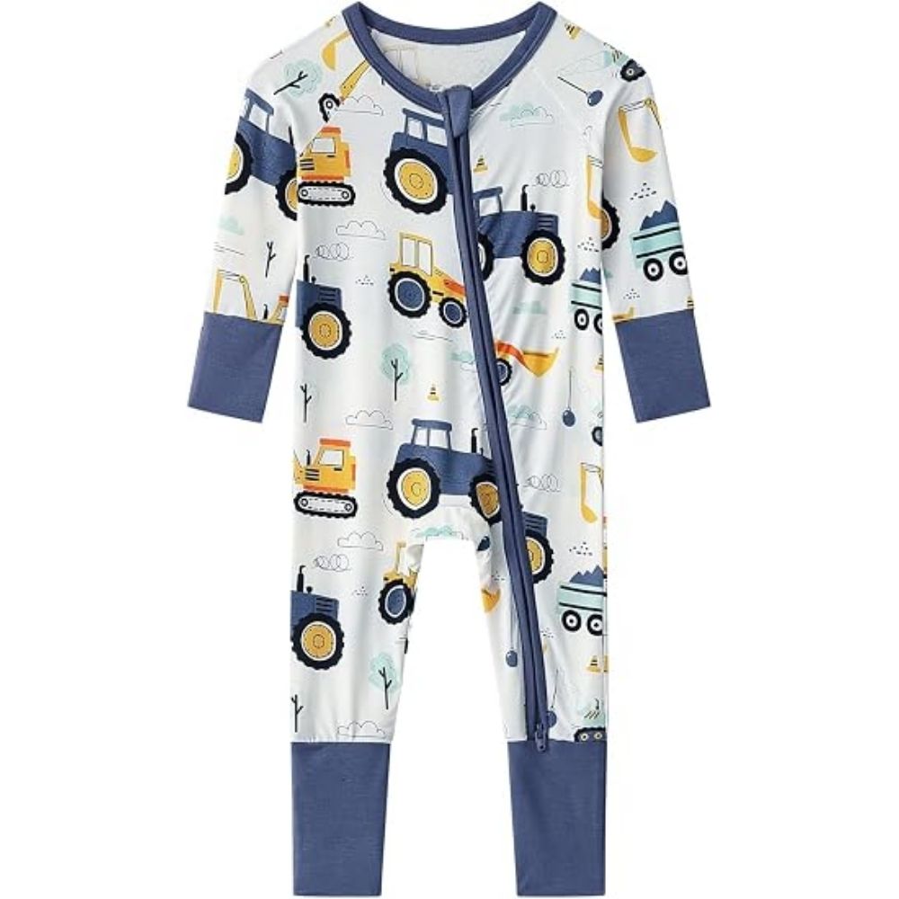 Excavator Baby Convertible Zipper Romper Navy And White, Construction Convertible Romper For Baby Boy BB0388