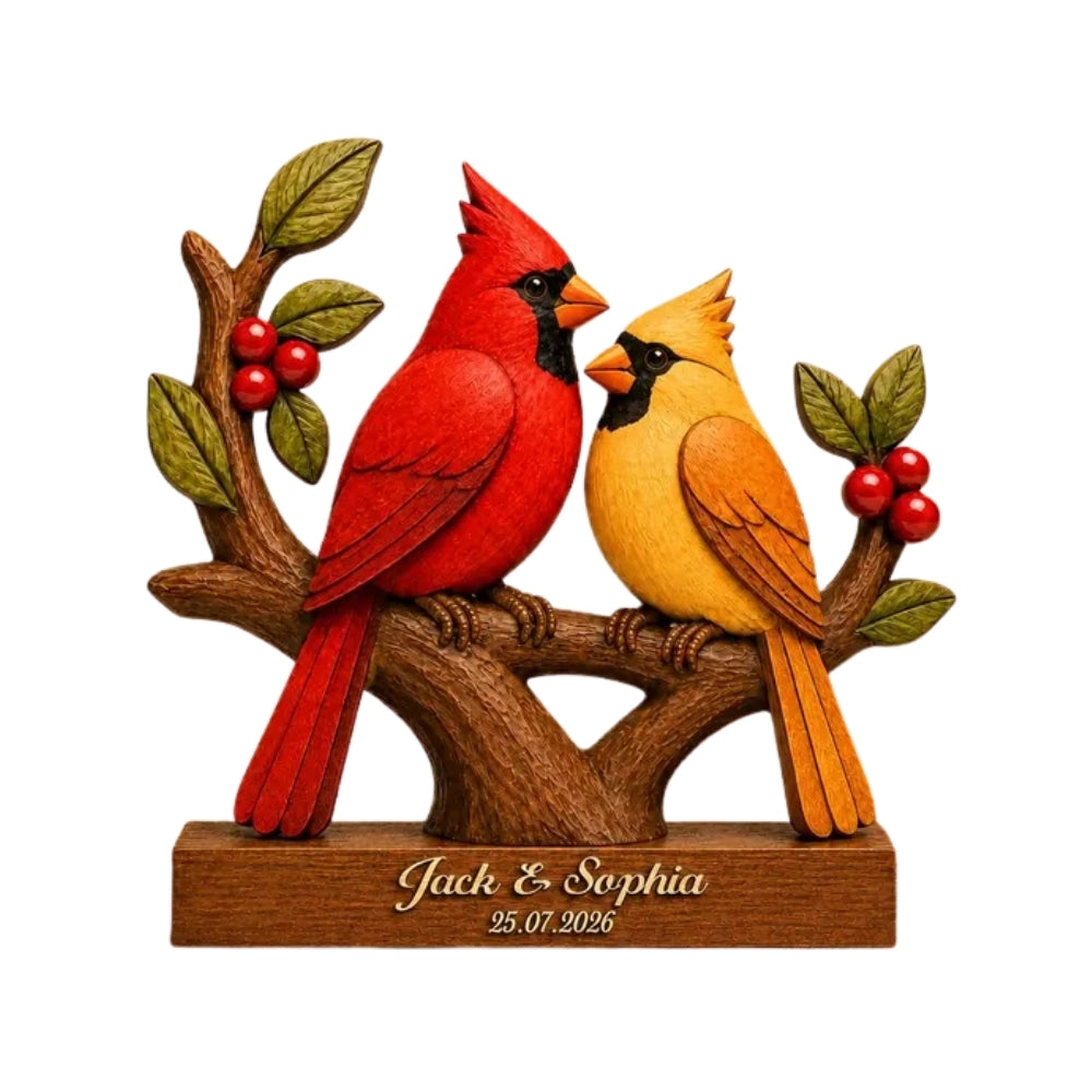 Custom Cardinal Couple Layer Wooden Block With Name, Custom Birds Couple Wedding Keepsake Plaque WD0952