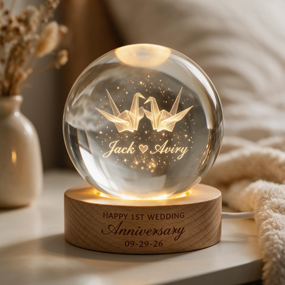 Custom Happy 1st Anniversary Crystal Ball Led Night Light, Custom Paper Wedding Keepsake Night Light WD0901
