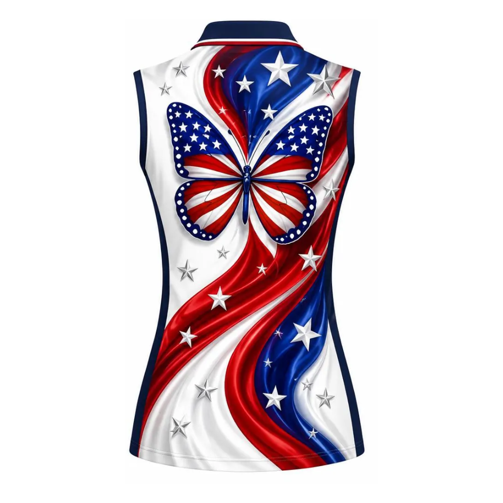 Butterfly USA Flag Women's Sleeveless Golf Shirt, Fourth Of July Butterfly Golf Shirt Womens GE0528