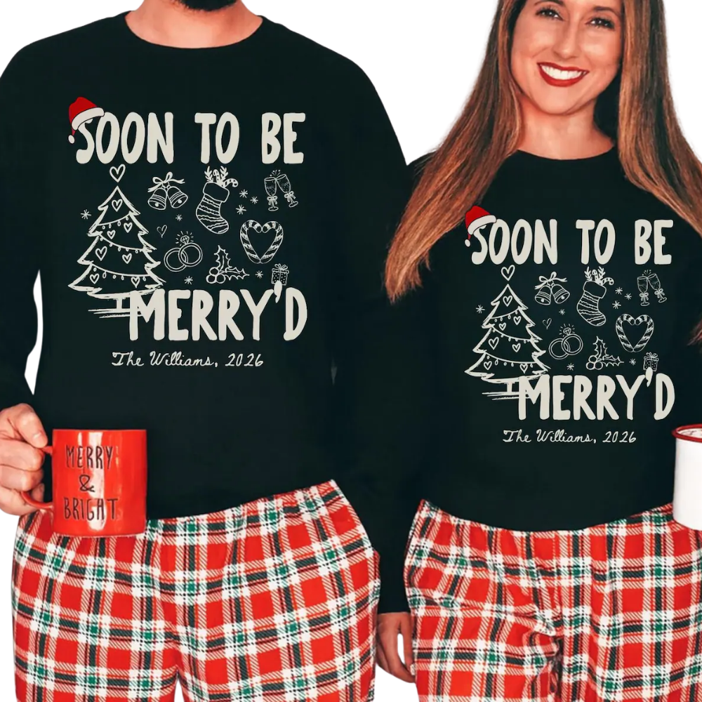 Soon To Be Merry'd Custom Engaged Christmas Couple Matching Sweatshirt, Personalized Christmas Engagement Sweatshirt For His And Her 2D1301