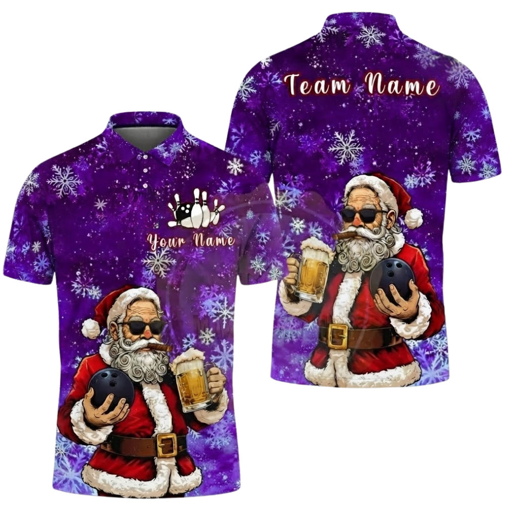 Custom Santa And Beer Bowling Polo Shirt Mens, Custom Christmas Bowling Shirt For Team BZ0624