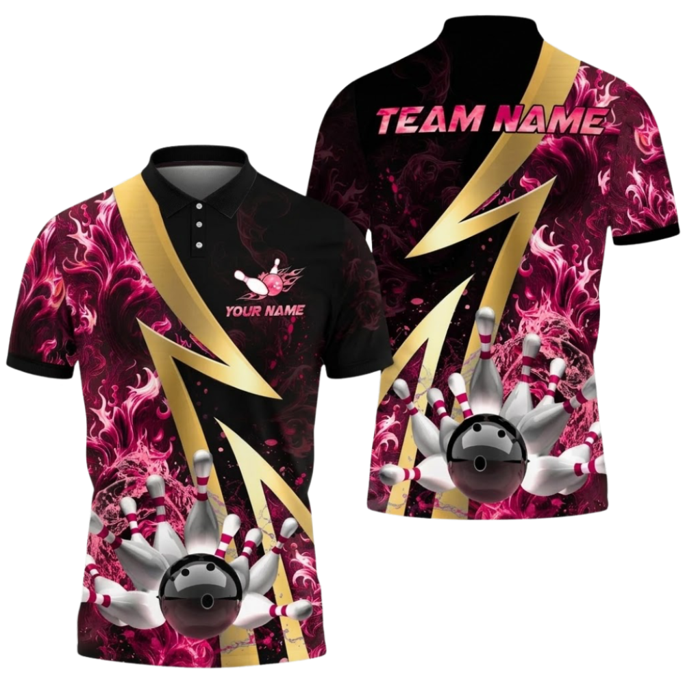 Blue Flame Custom Mens 3D Bowling Polo Shirt, Custom Flame Bowling Team Shirts BZ0557