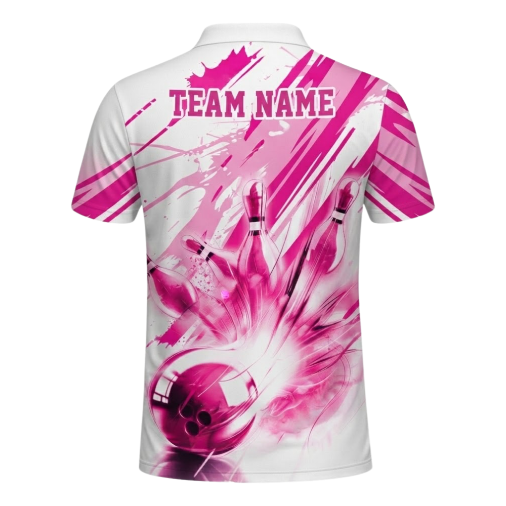 Custom Pink And White Bowling Mens Polo Shirt, Custom Team Bowling Shirts BE0200