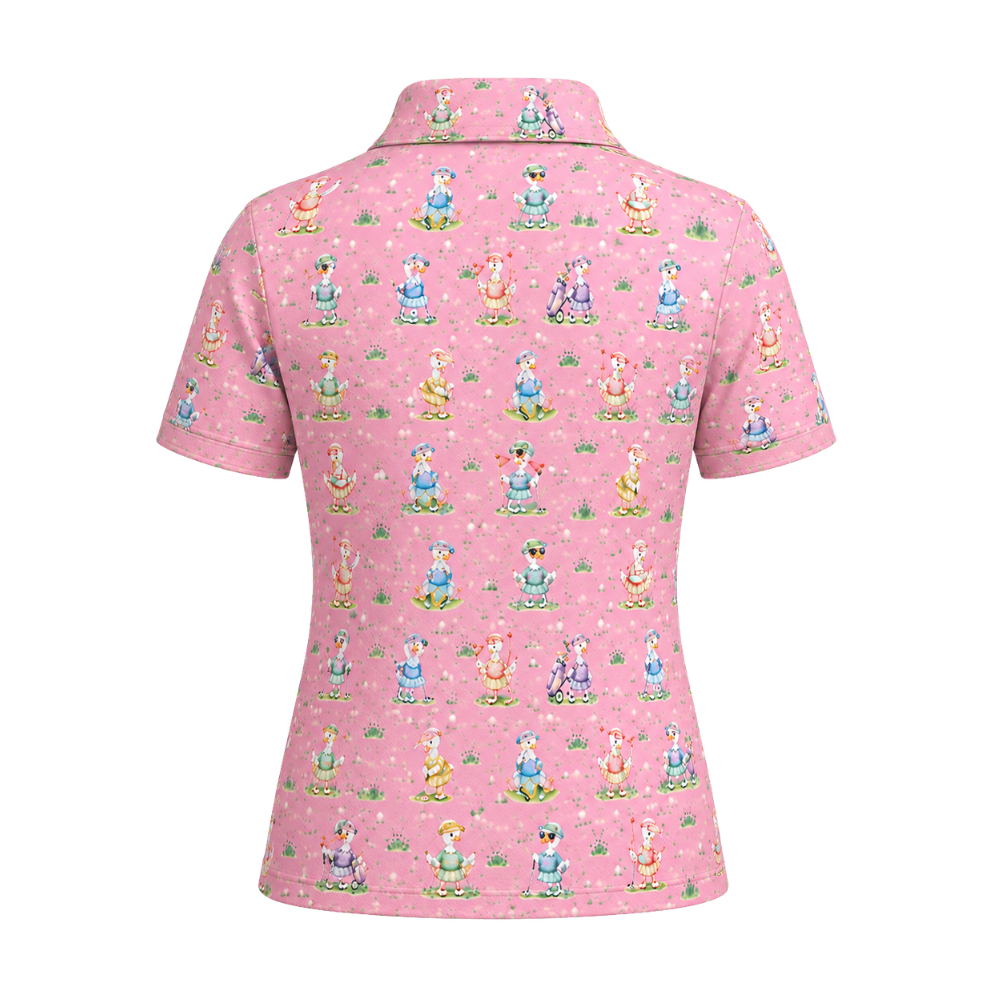 Women's Silly Goose Pink Golf Polo Shirt, Funny Goose Golf Shirts For Ladies GE0471