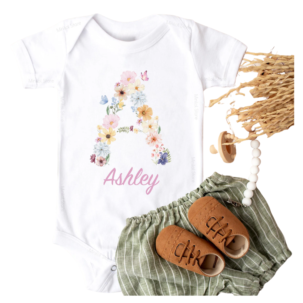 Custom Baby Name Flower Bodysuit, Personalized Baby Girl Bodysuit BB0007
