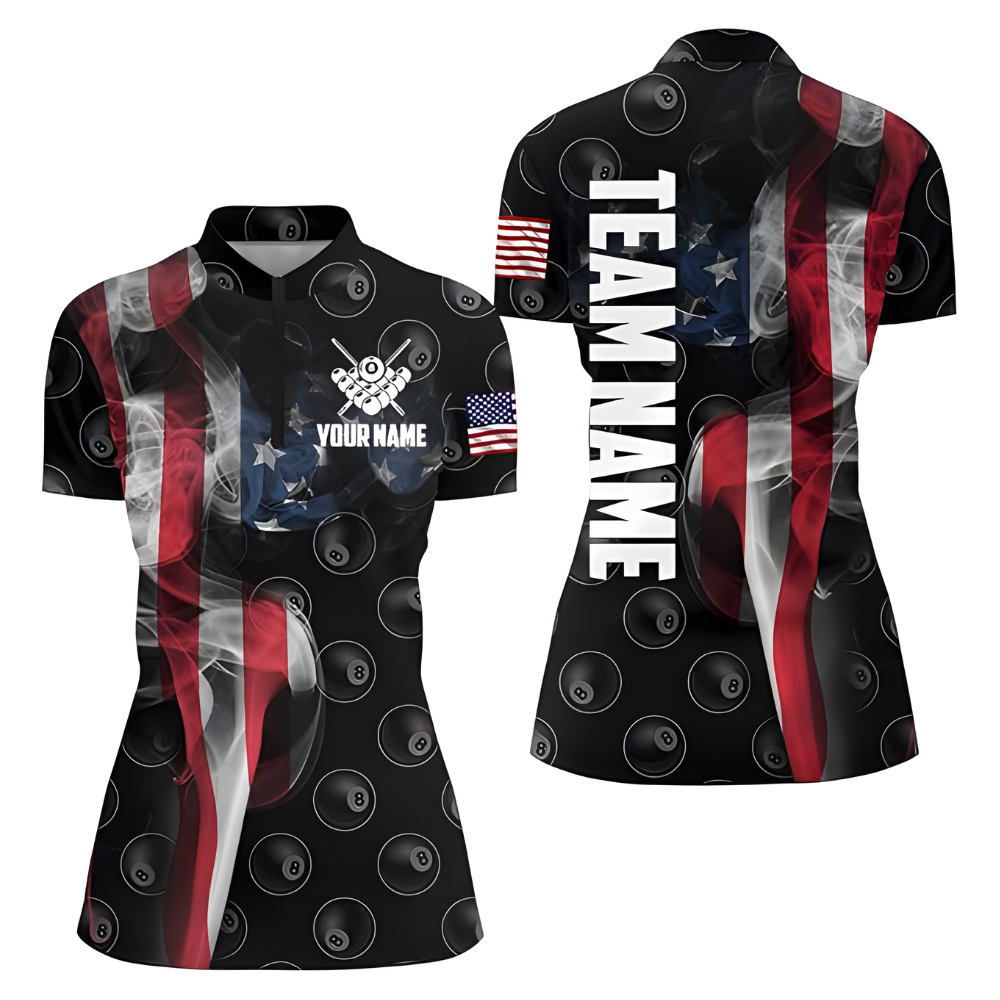 Custom American Flag Smoke 8 Ball Billiard Jersey For Ladies, Women's Custom Patriotic Billiard Team Shirts BIZ0211