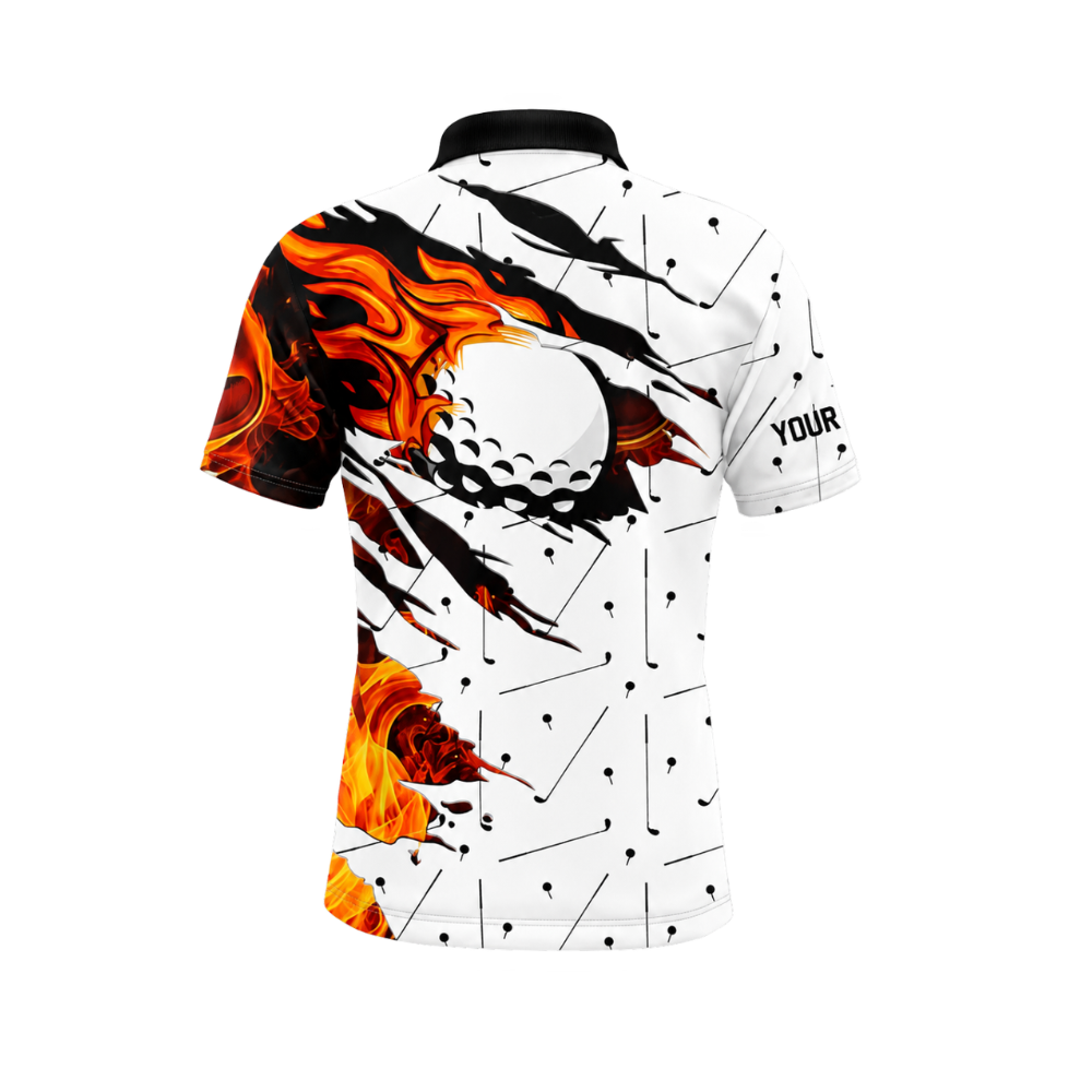 Personalized Flaming Ball Men's White Golf Polo Shirts, Custom Flame Golf Shirts GZ0468