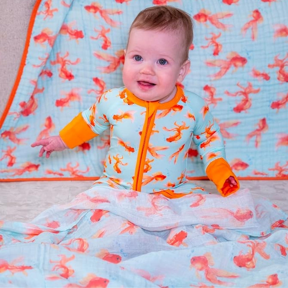 Goldfish Baby Convertible Zipper Romper Cyan Yellow, Fish Baby Romper Convertible BB0720