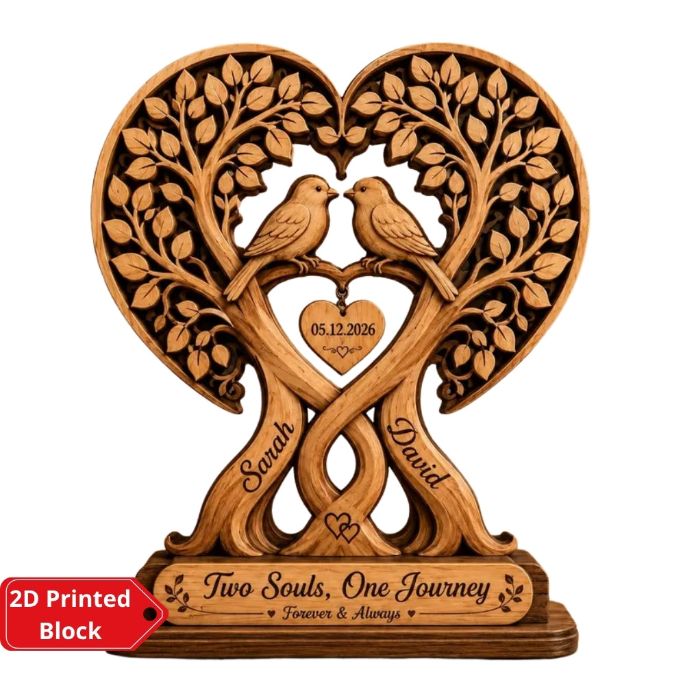 Two Souls One Journey Custom Tree Heart Layer Wooden Block For Couple, Custom Wedding Keepsake Wooden Plaque WD0954