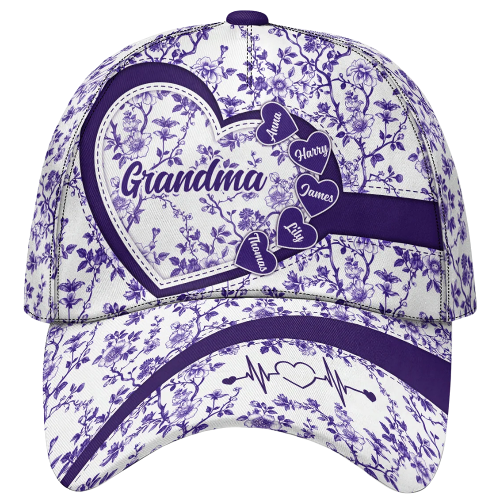 Custom Grandma And Kid Names Floral Baseball Cap Toile De Jouy, Personalized Floral Cap Hat For Grandma CP0597