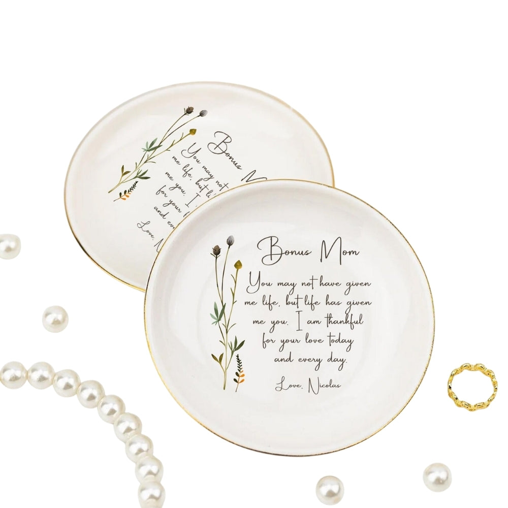Personalized Bonus Mom Birth Month Flower Ring Dish, Custom Wedding Jewelry Dish For Bonus Mom WD0311