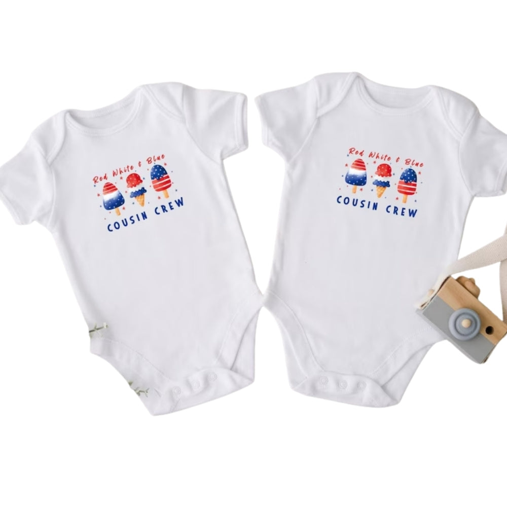 Red White And Blue American Flag Ice Cream Cousin Crew Custom Name Matching T Shirts, Personalized 4th Of July Matching Cousin Shirts ET0792