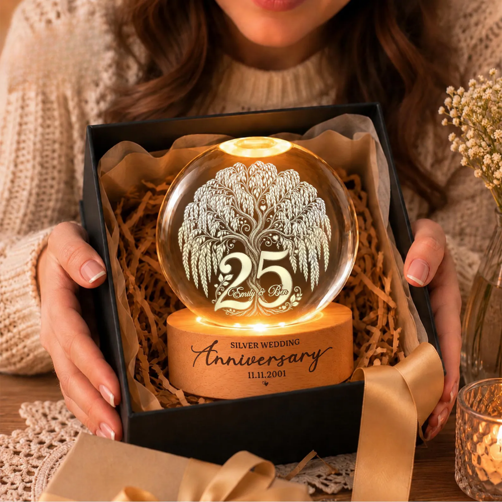 Personalized 25th Wedding Anniversary Crystal Ball Led Night Light With Couple Name, Custom Silver Wedding Keepsake Night Light WD0903