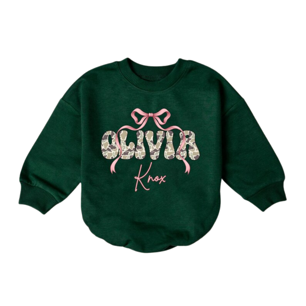 Custom Camo Baby Name Coquette Pink Ribbon Bow Romper Sweatshirt, Custom Camo Baby Romper Sweater BB0233