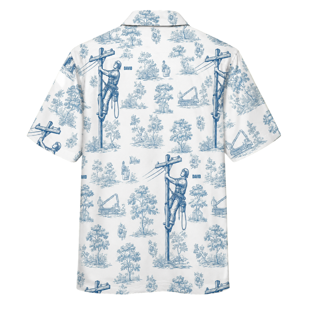 Custom Electrician Vintage Blue White Hawaiian Shirt For Men, Custom Electrician Hawaiian Shirt With Name HE0256