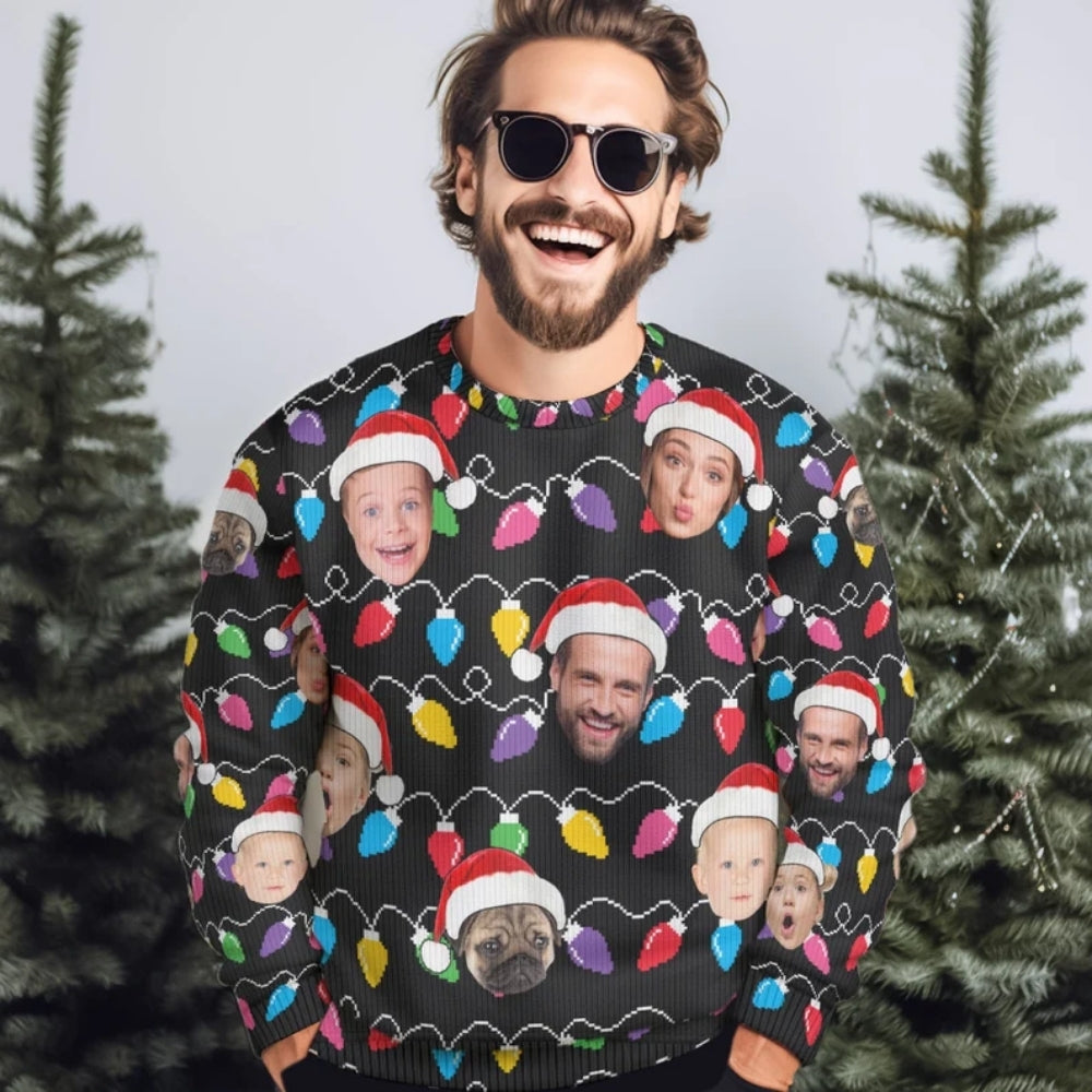 Custom Faces Christmas Light Sweatshirt For Men Women, Personalized Photo Christmas Sweatshirt 2D1058