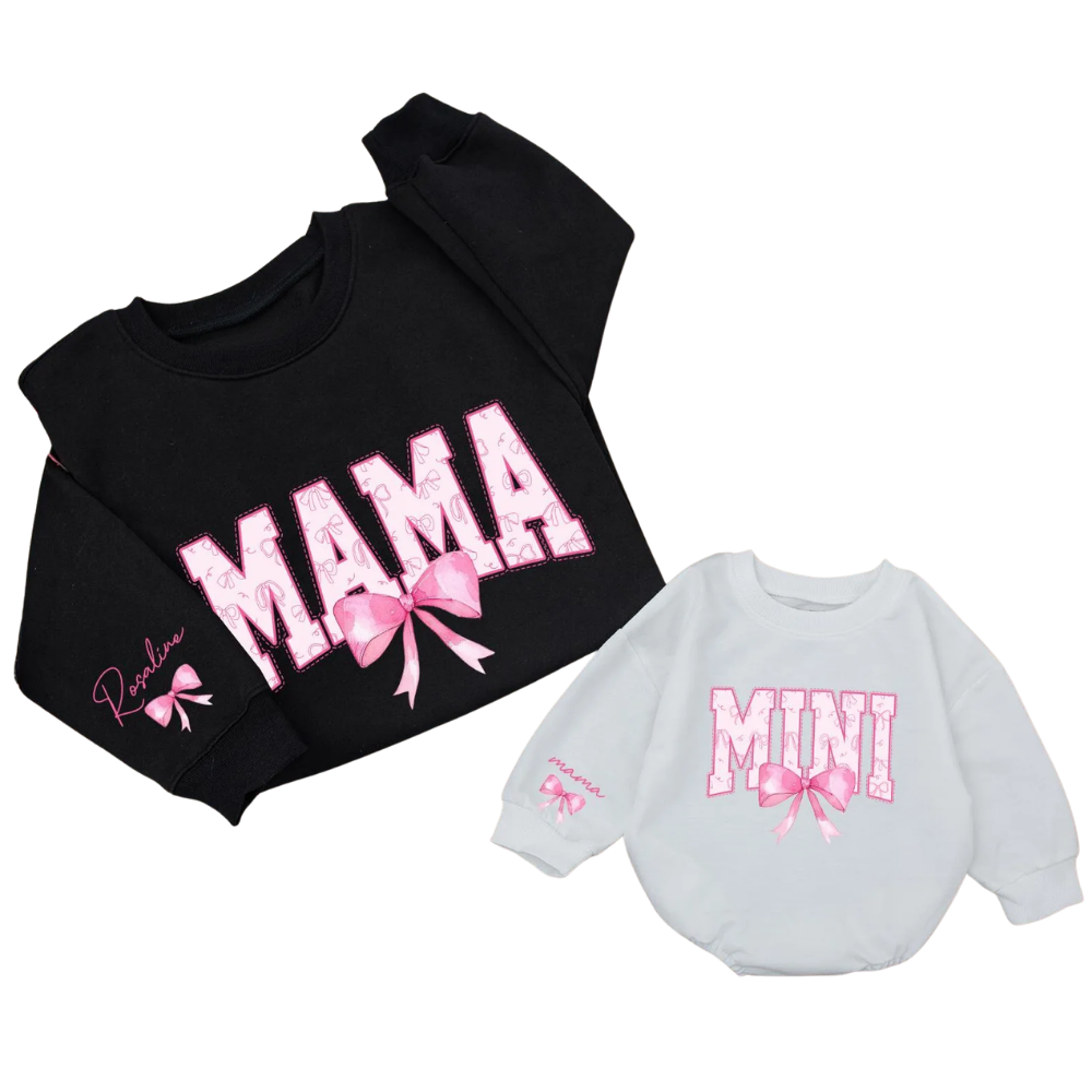 Personalized Mama And Mini Pink Bow Sweatshirt Matching, Custom Mommy And Daughter Sweatshirts ET1574