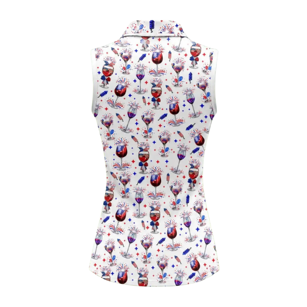 Women's Wine Red White Blue Sleeveless Golf Shirt, Wine Patriotic 4th Of July Golf Shirts For Ladies GE0529
