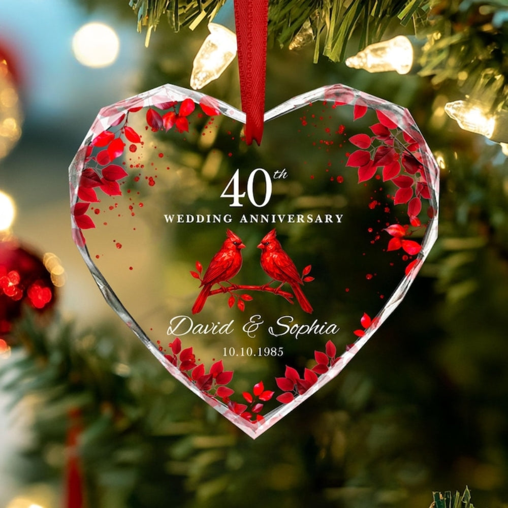 Custom Red Cardinal 40th Wedding Anniversary Glass Ornament, Custom Ruby Wedding Ornament WD0289