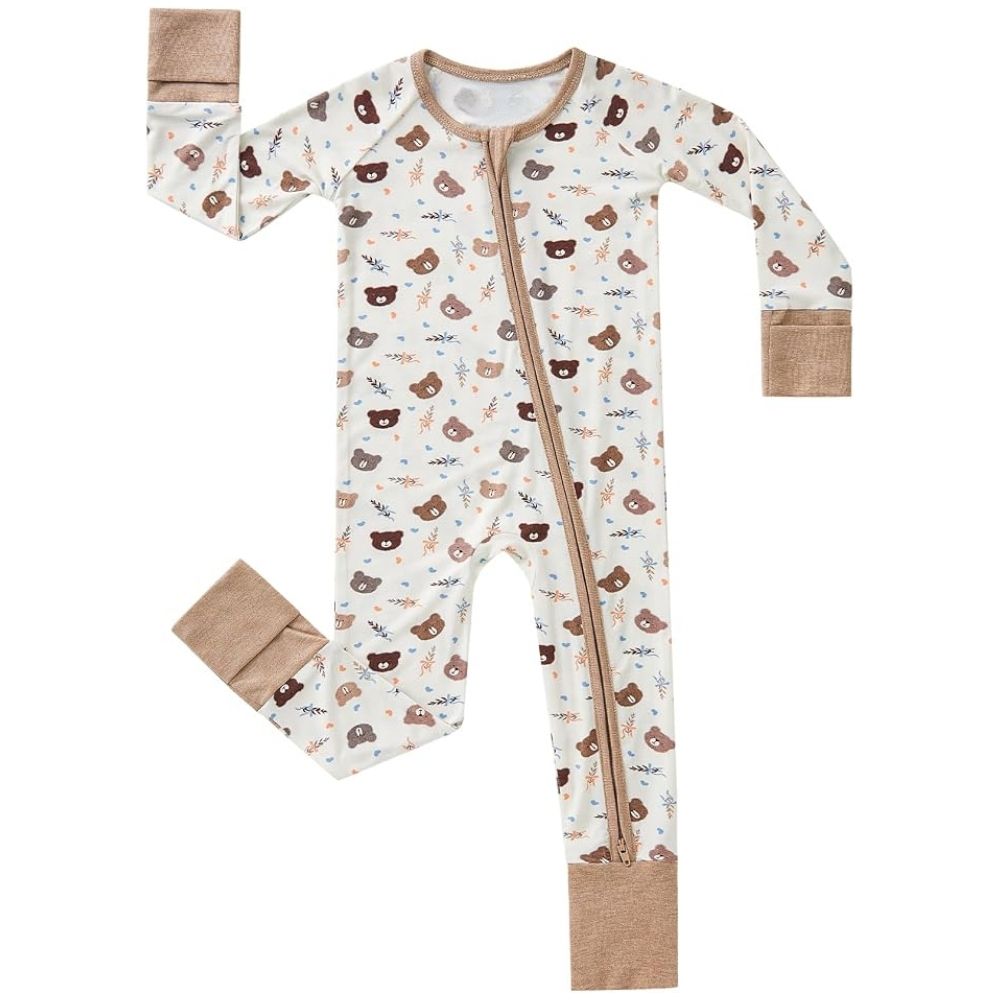 Bear Brown White Baby Convertible Zippy Romper, Bear Baby Romper Convertible BB0399