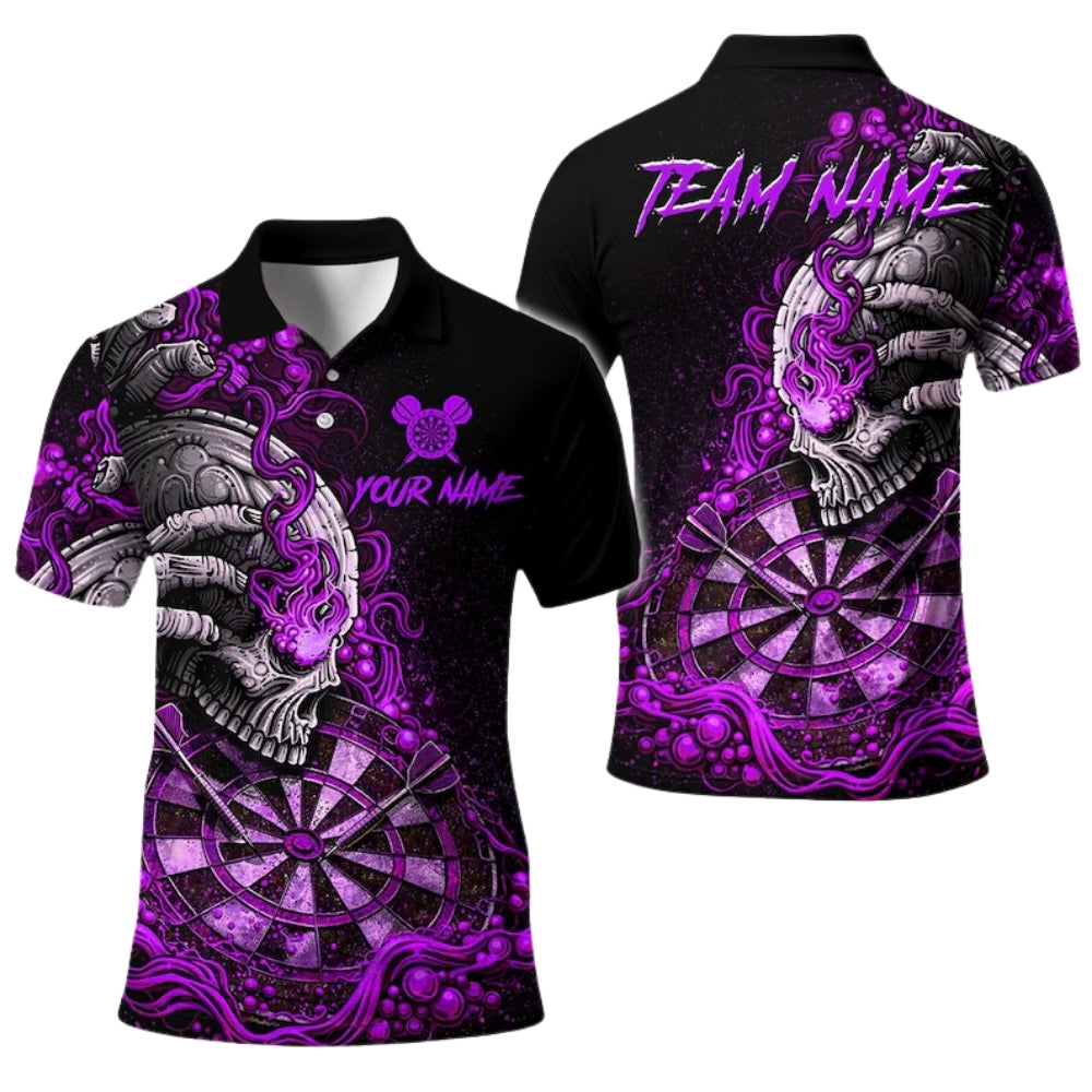 Custom Skull Flaming Black And Green Dart Men's Polo Shirt, Custom Skull Darts Team Shirts DE0088