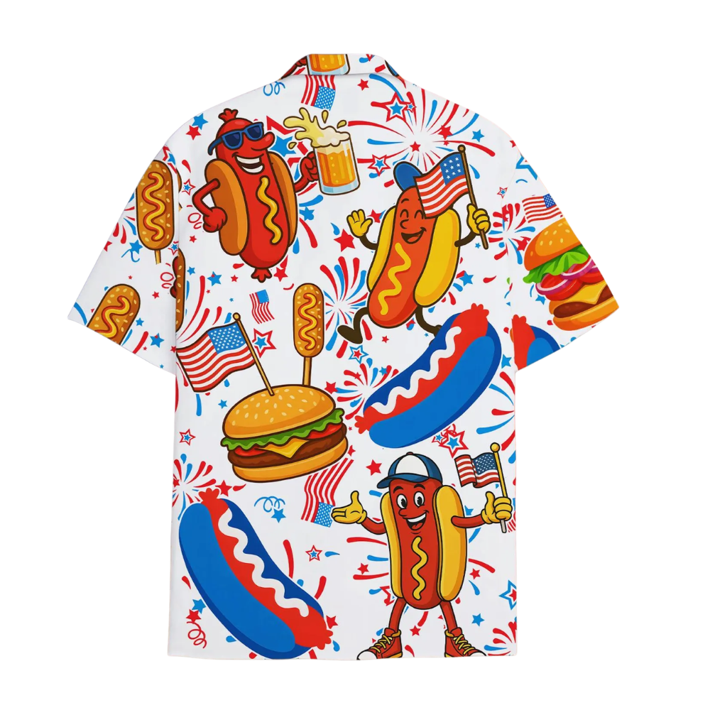Funny Hot Dog Burger American Flag Hawaiian Shirt, Fun Food 4th Of July Hawaiian Shirts HE0345