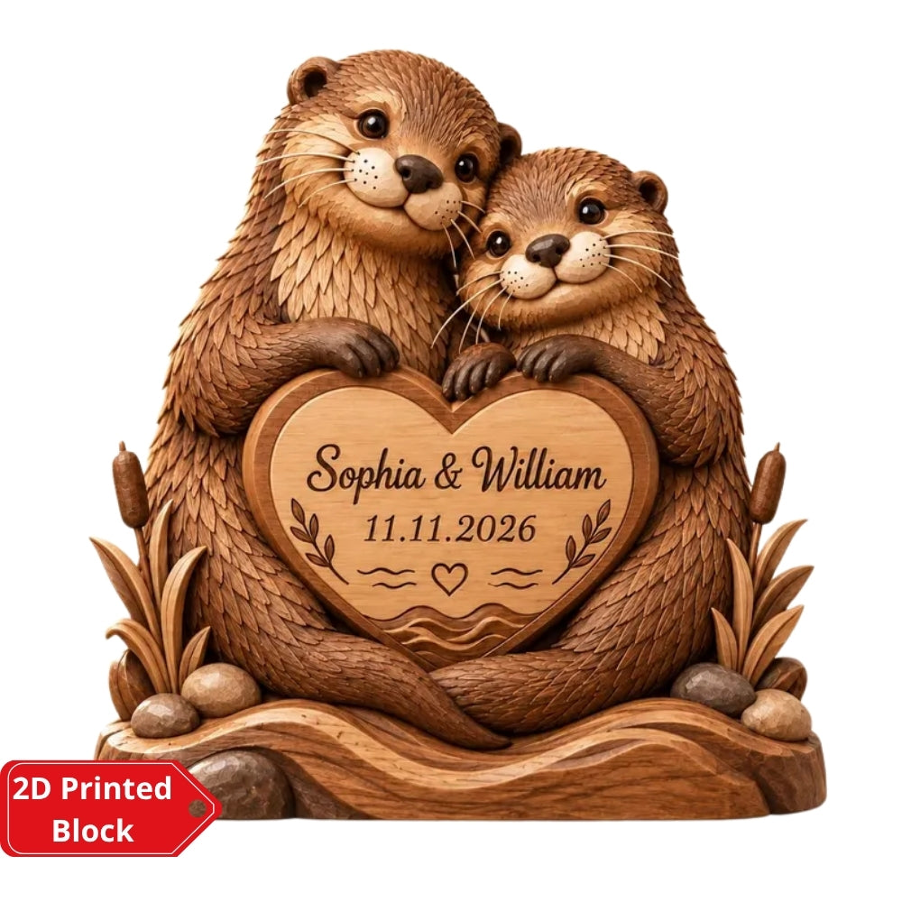 Personalized Otter Couple Layer Wooden Plaque, Custom Otter Lover Wedding Keepsake Wooden Block WD0958