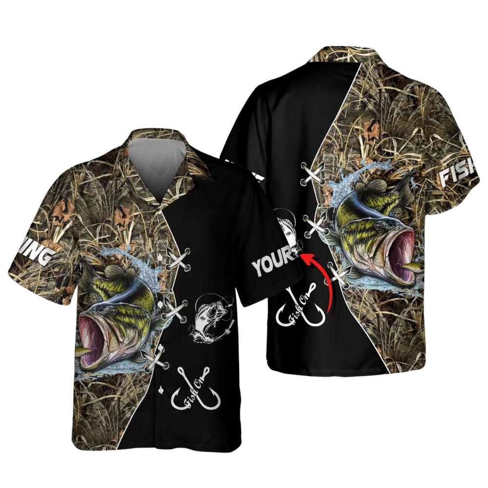 Largemouth Bass Custom Camo Fishing Hawaiian Shirts For Men, Custom Bass Fishing Hawaiian Shirts With Name HE0448