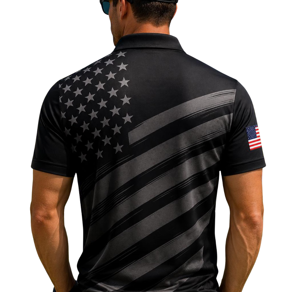 USA Flag 250 Freedom 1776-2026 Men's Black Golf Polo Shirt, Patriotic 4th Of July Golf Shirt GE0522