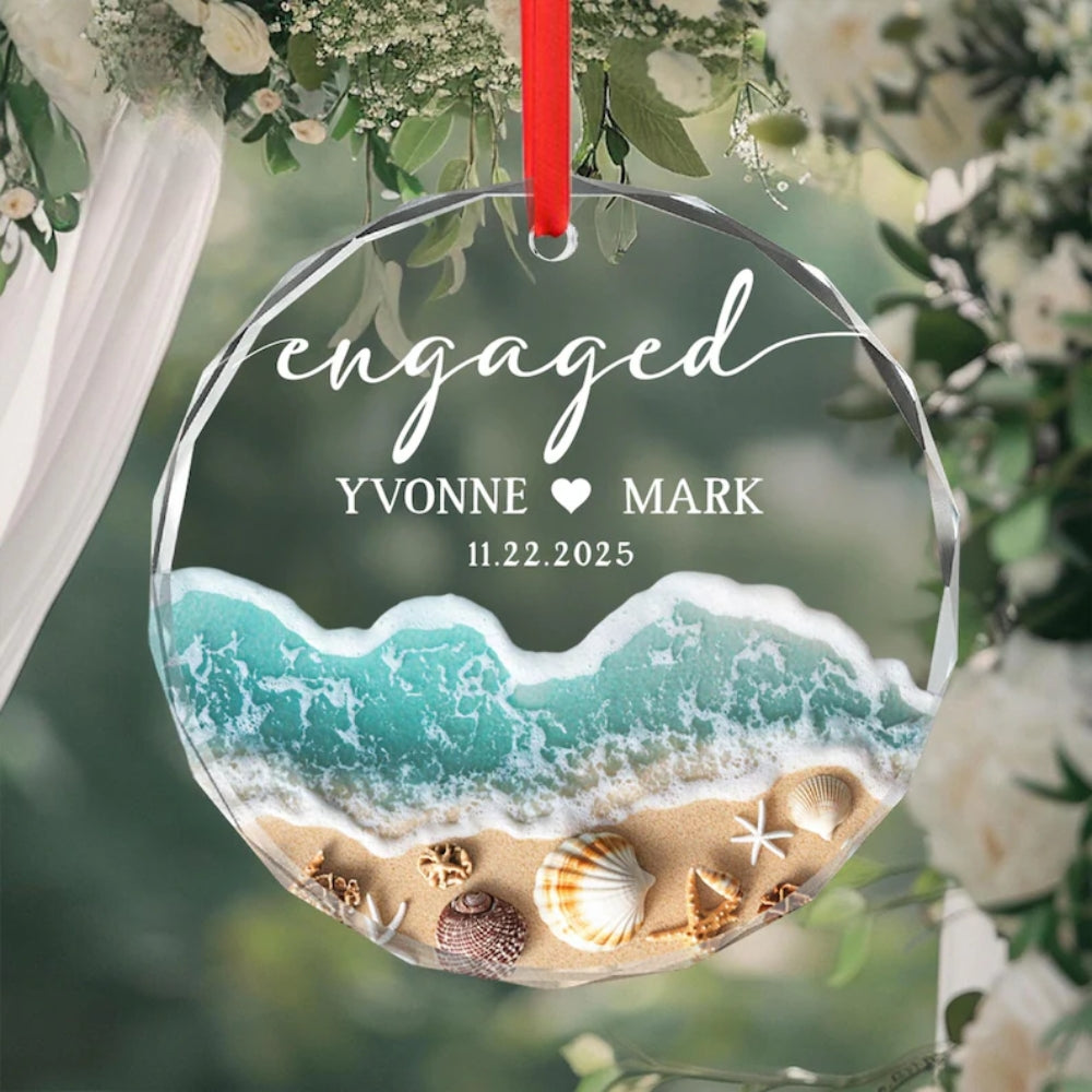 Custom Beach Engaged Glass Ornament With Couple Name, Custom Coastal Engagement Keepsake Ornament WD0293