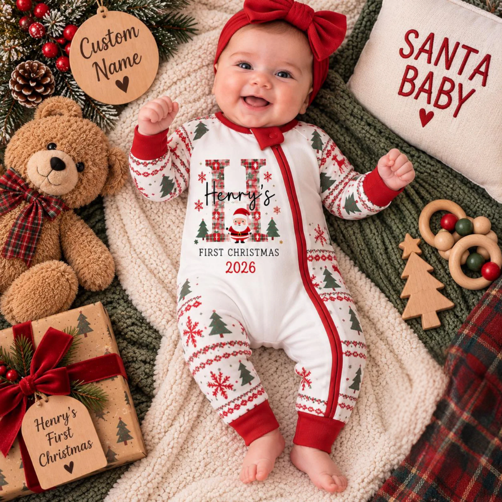 Personalized First Christmas Baby Convertible Zipper Romper, Custom Baby 1st Christmas Romper Convertible BB0924