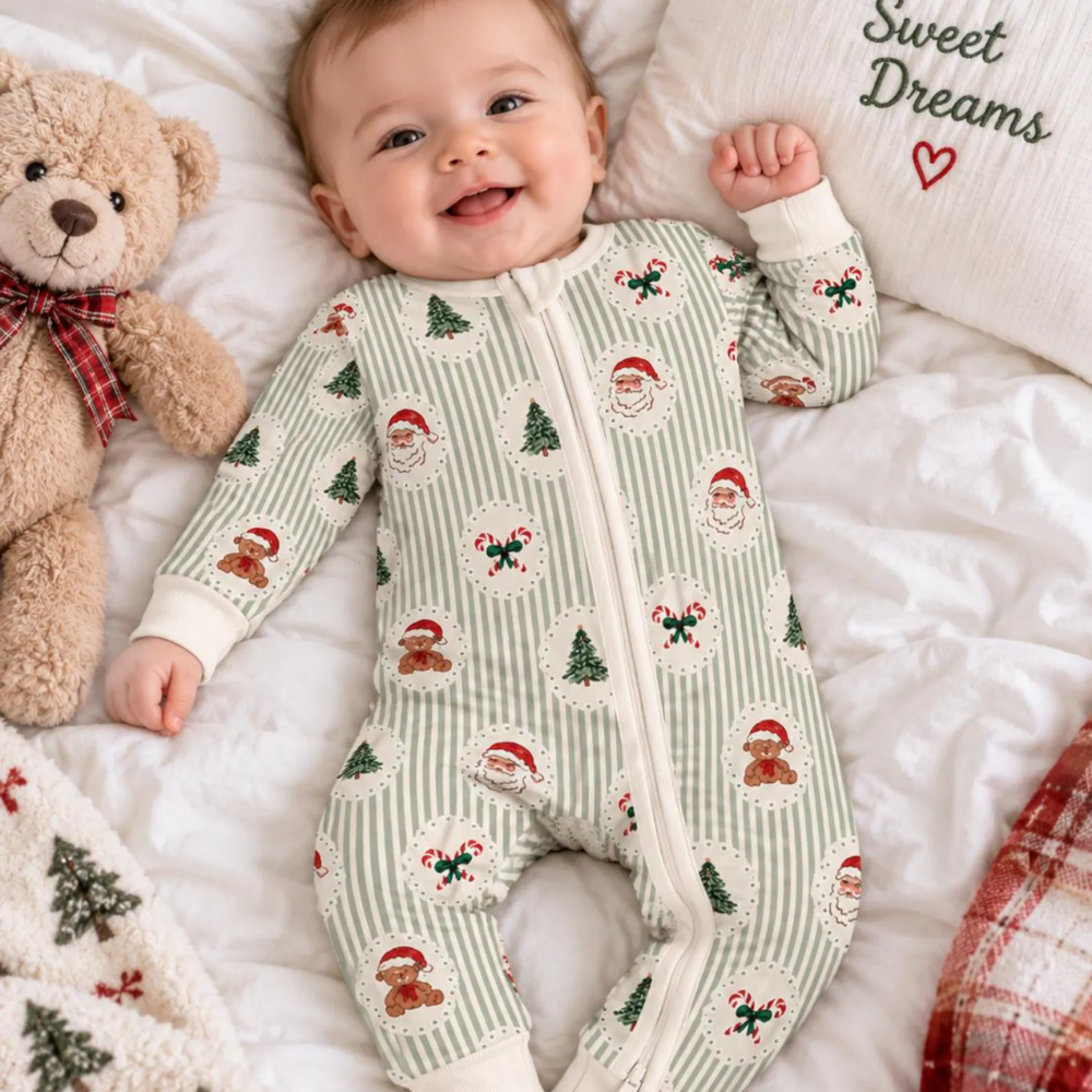Santa Green Striped Baby Convertible Zippy Romper, Christmas Baby Romper Convertible BB0925