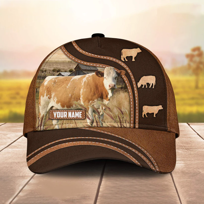 Simmental Leather Brown Pattern Customized Name Cap CA0106