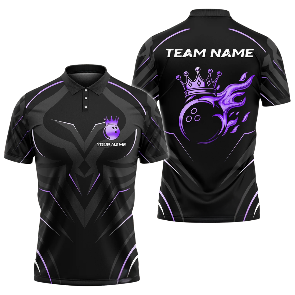 Custom Flame King Ball Bowling Mens Polo Shirt, Black And Gold Custom Team Bowling Shirts BZ0512