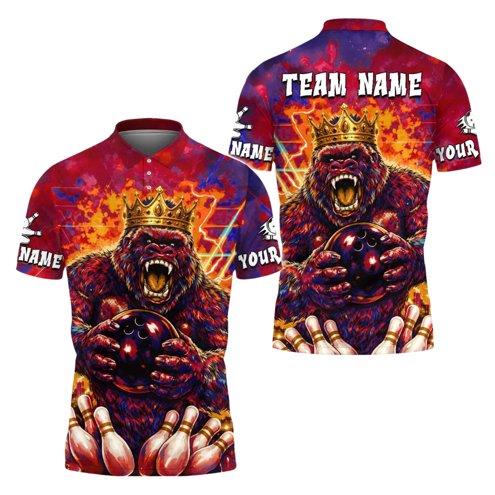 Custom King Gorilla Thunder Bowling Polo Shirt Men, Custom Gorilla Bowling Team Shirts BE0187