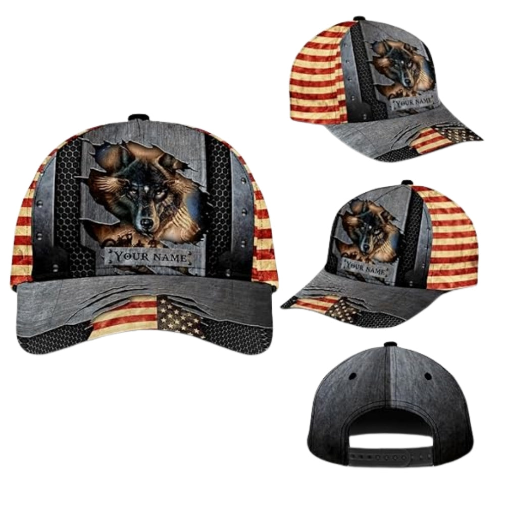 Custom Wolf American Flag Baseball 3D Printed Cap, Custom Wolf Patriotic Cap Hat CP0478