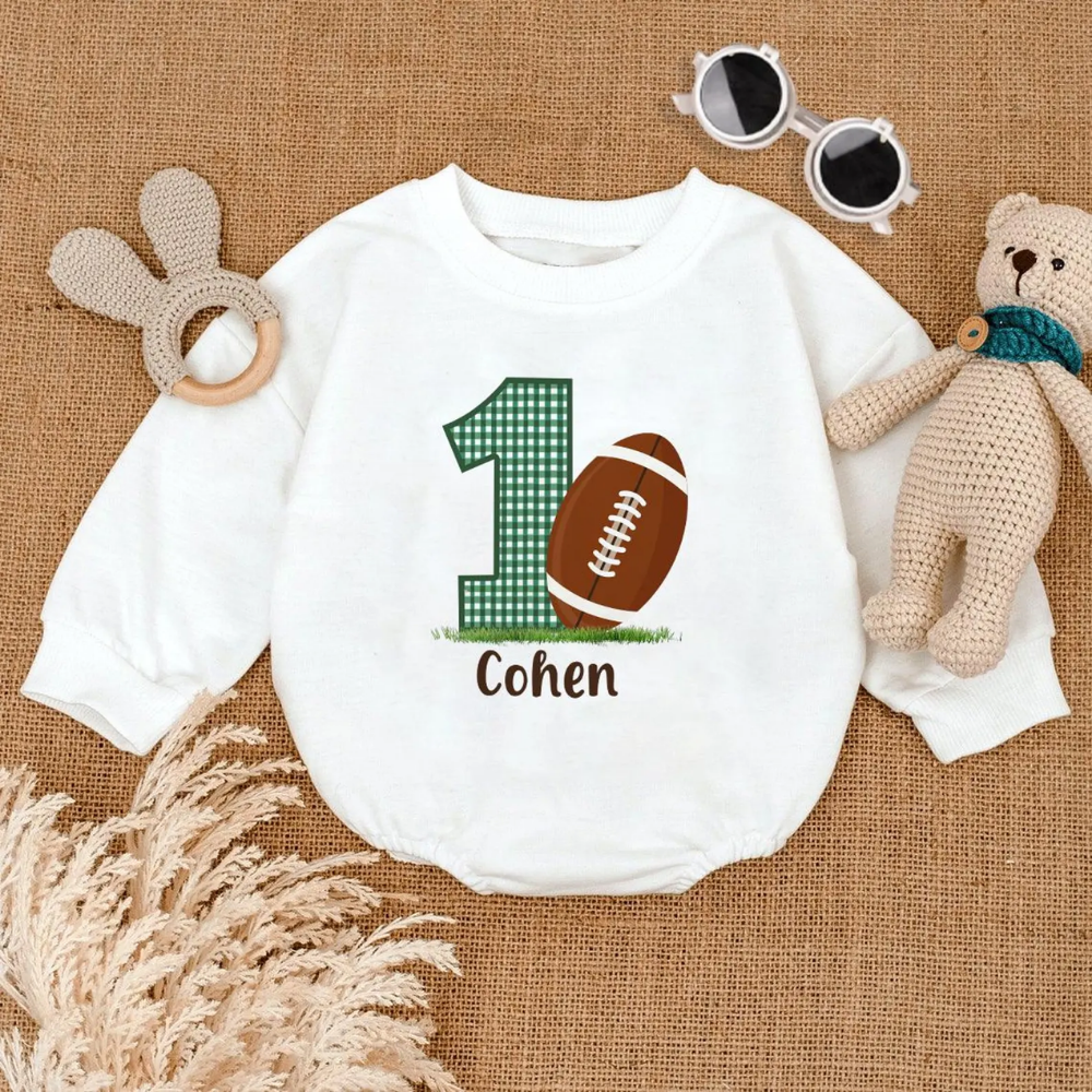 Custom Name 1st Birthday Baby Football Romper Sweatshirt, Personalized First Birtday Baby Romper Sweatshirt BB0162