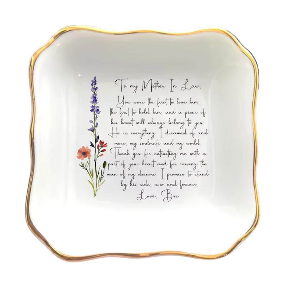 Custom Birth Month Flower Wedding Ring Dish For Mother In Law, Personalized Mother In Law Jewelry Dish WD0152
