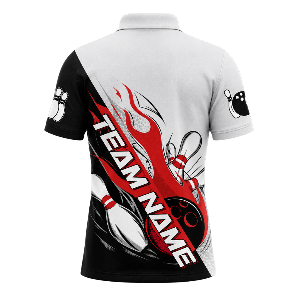 Custom Strike Flame Bowling Polo Shirt Mens, Custom Team Gray And Red Bowling Shirts BZ0447