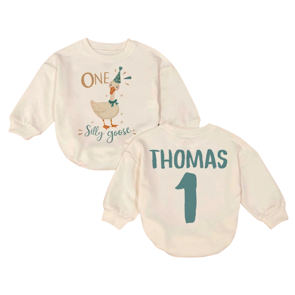 Personalized One Silly Goose Baby Romper Sweatshirt, Custom Baby Name 1st Birthday Goose Romper Sweatshirt BB0164
