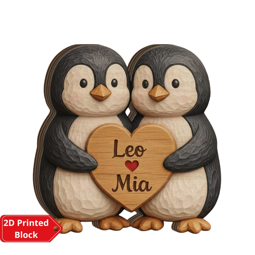 Personalized Penguin Couple Layer Wooden Plaque, Custom Penguin Wooden Block Wedding Keepsake WD0995