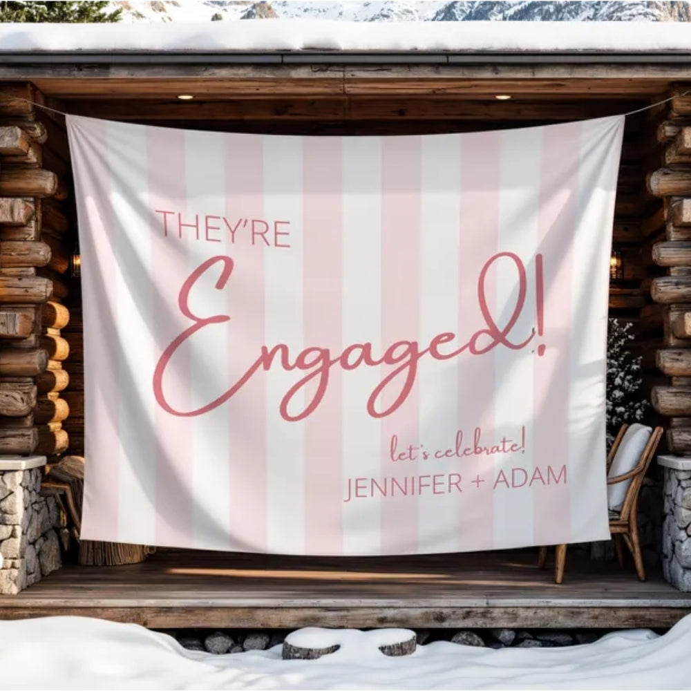They're Engaged Custom Blue Striped Banner, Custom Engagement Party Banner WD0412