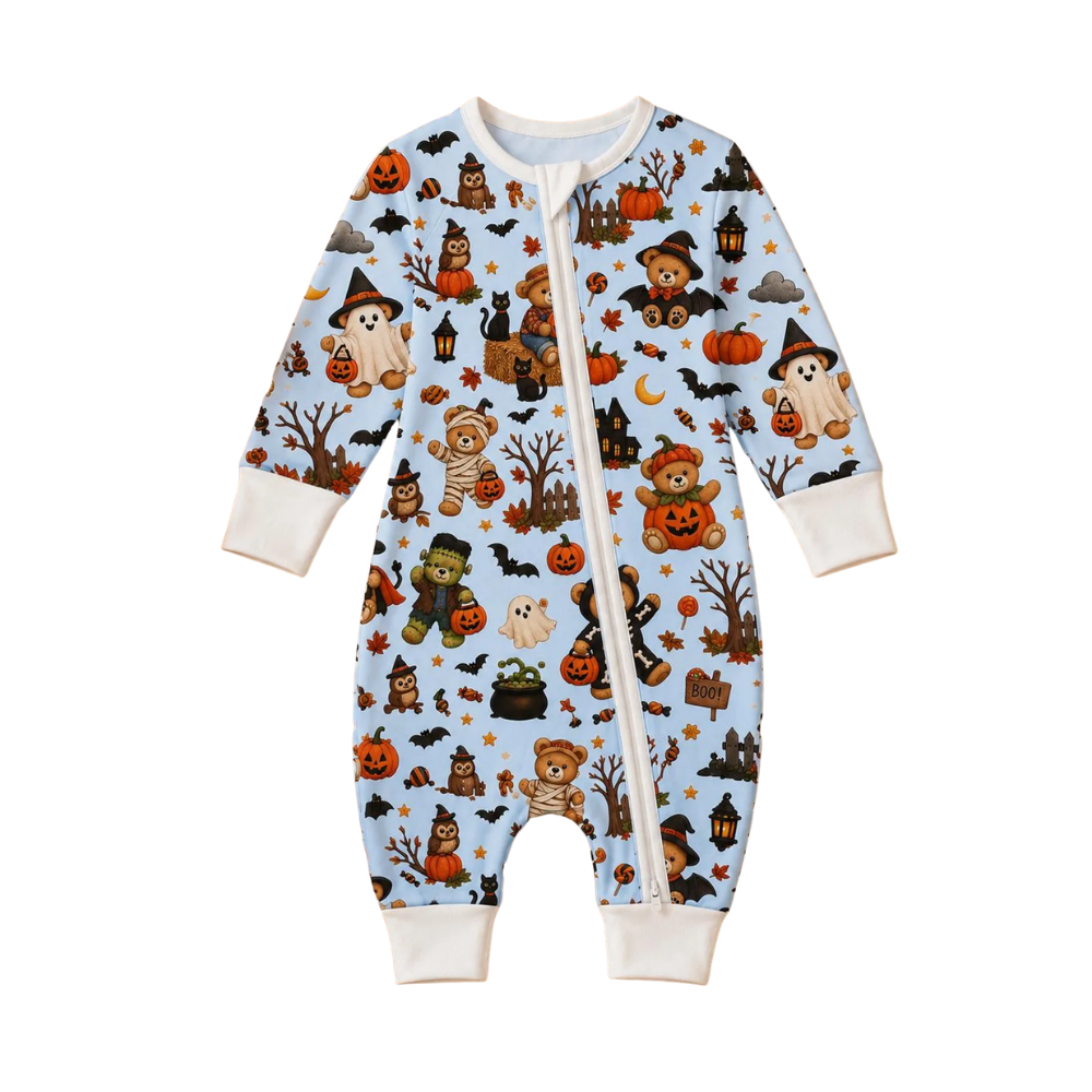 Teddy Bear Ghost Pumpkin Baby Convertible Zippy Romper, Halloween Teddy Bear Convertible Romper For Baby BB0931